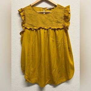 *LOFT Women’s Goldenrod Satin Smocked Ruffle Sleeveless Top L